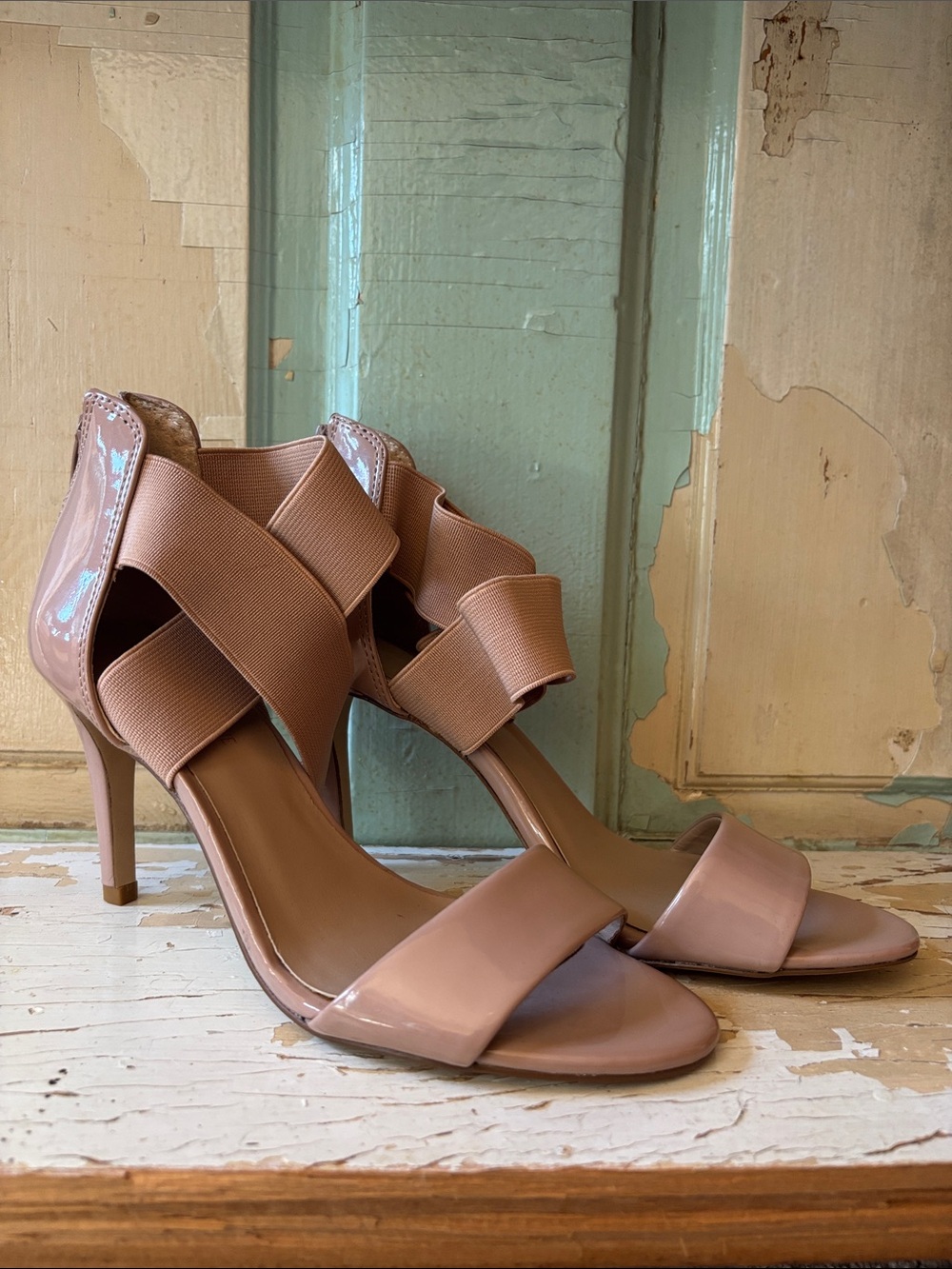 Saks Fifth Avenue Nude Patent Elastic Strappy High Heels